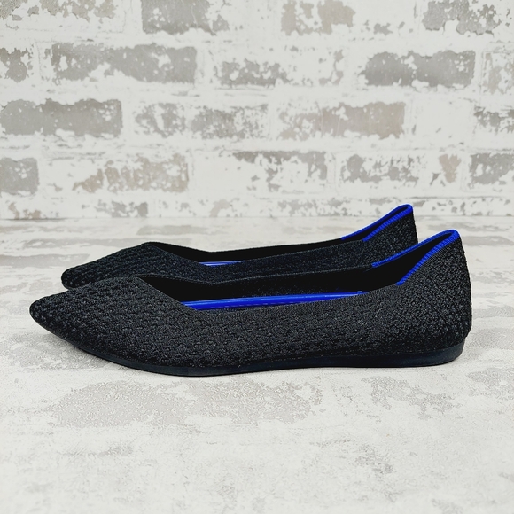 New Rothy's The Flat Black Knit Pointy Toe Slip On Loafers W591